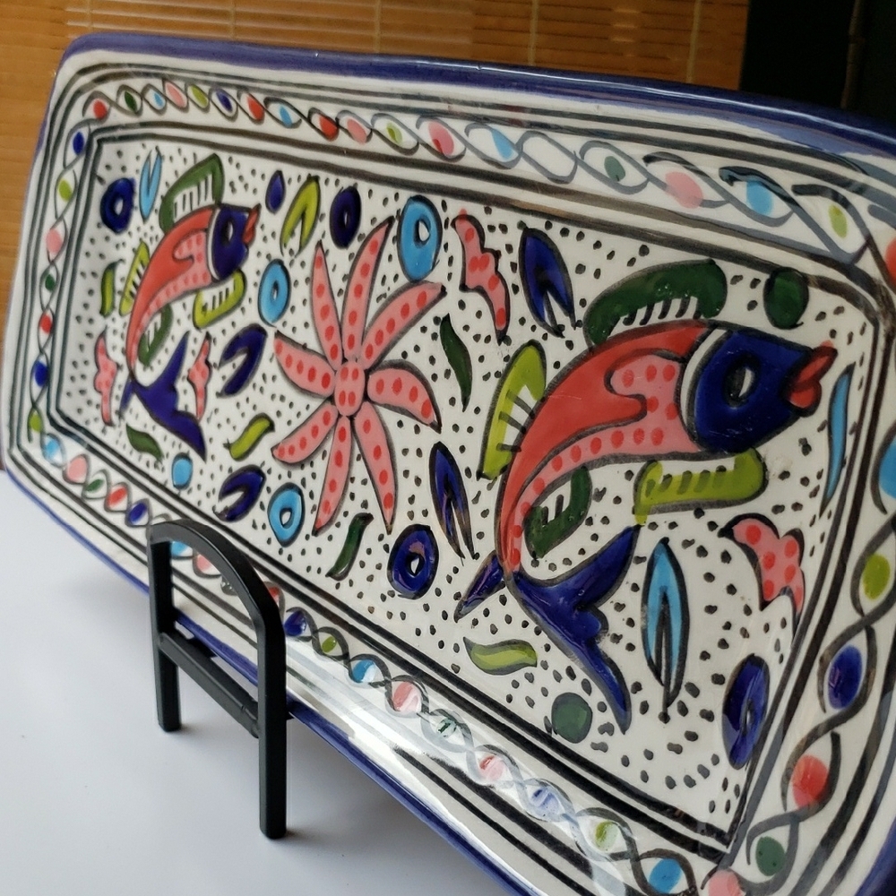 Hand-Painted Rectangular Ceramic Platter 14in - Picture 3 of 7